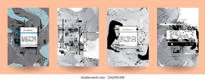 Covers templates set with graphic geometric elements. Applicable for brochures, posters, covers and banners. Vector illustrations. Abstract shapes