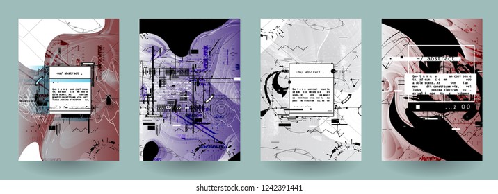 Covers templates set with graphic geometric elements. Applicable for brochures, posters, covers and banners. Vector illustrations. Abstract shapes