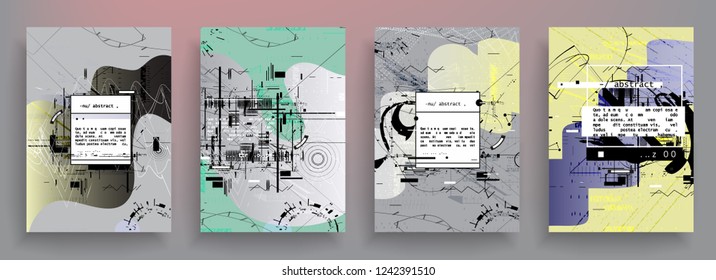 Covers templates set with graphic geometric elements. Applicable for brochures, posters, covers and banners. Vector illustrations. Abstract shapes