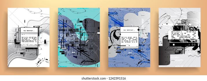 Covers templates set with graphic geometric elements. Applicable for brochures, posters, covers and banners. Vector illustrations. Abstract shapes