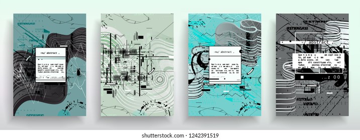 Covers templates set with graphic geometric elements. Applicable for brochures, posters, covers and banners. Vector illustrations. Abstract shapes