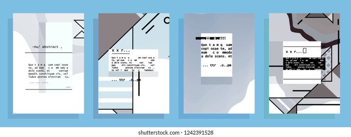 Covers templates set with graphic geometric elements. Applicable for brochures, posters, covers and banners. Vector illustrations. Abstract shapes