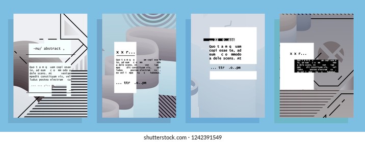 Covers templates set with graphic geometric elements. Applicable for brochures, posters, covers and banners. Vector illustrations. Abstract shapes