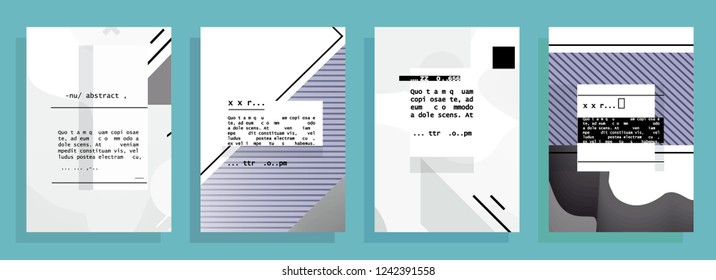 Covers templates set with graphic geometric elements. Applicable for brochures, posters, covers and banners. Vector illustrations. Abstract shapes