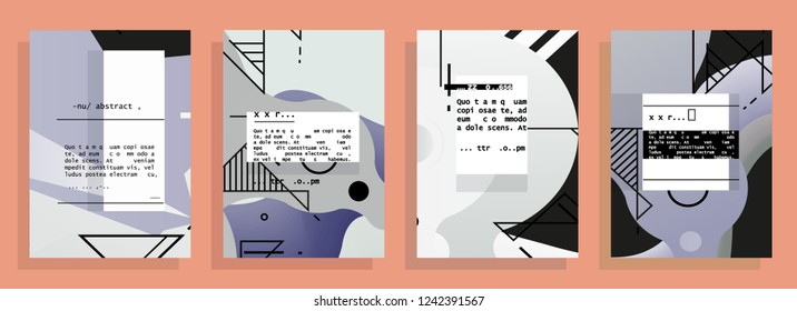 Covers templates set with graphic geometric elements. Applicable for brochures, posters, covers and banners. Vector illustrations. Abstract shapes