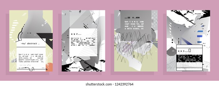 Covers templates set with graphic geometric elements. Applicable for brochures, posters, covers and banners. Vector illustrations. Abstract shapes