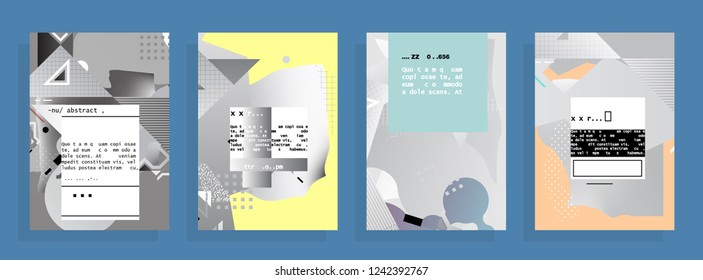 Covers templates set with graphic geometric elements. Applicable for brochures, posters, covers and banners. Vector illustrations. Abstract shapes