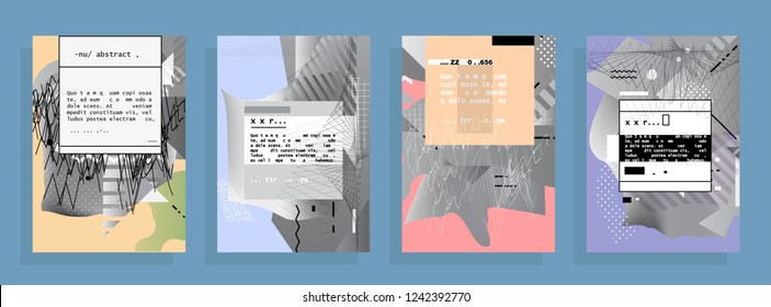 Covers templates set with graphic geometric elements. Applicable for brochures, posters, covers and banners. Vector illustrations. Abstract shapes