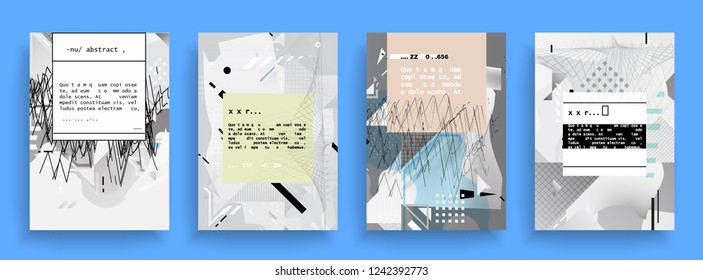 Covers templates set with graphic geometric elements. Applicable for brochures, posters, covers and banners. Vector illustrations. Abstract shapes