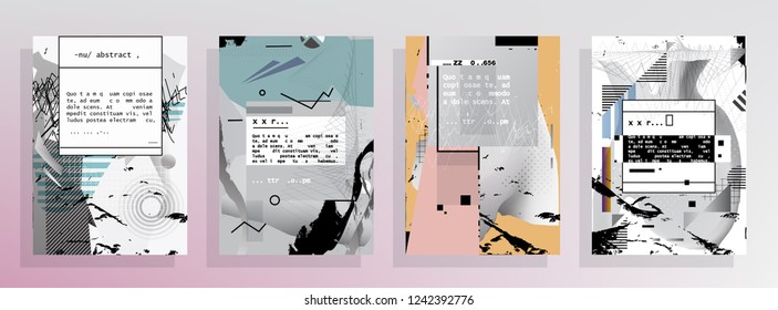 Covers templates set with graphic geometric elements. Applicable for brochures, posters, covers and banners. Vector illustrations. Abstract shapes