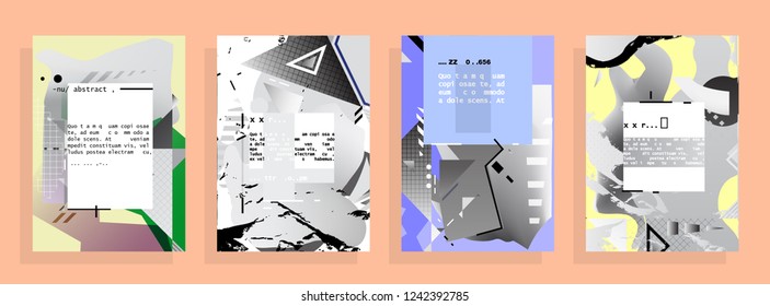Covers templates set with graphic geometric elements. Applicable for brochures, posters, covers and banners. Vector illustrations. Abstract shapes