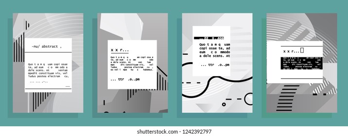Covers templates set with graphic geometric elements. Applicable for brochures, posters, covers and banners. Vector illustrations. Abstract shapes