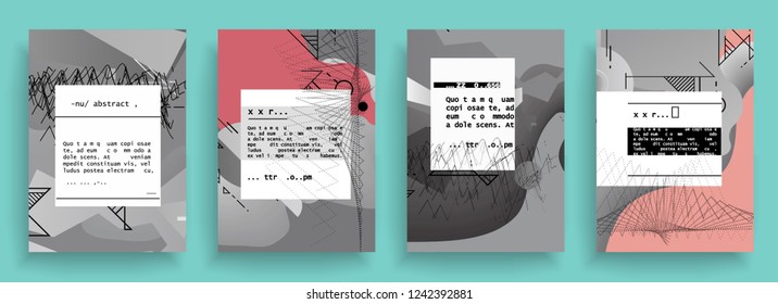 Covers templates set with graphic geometric elements. Applicable for brochures, posters, covers and banners. Vector illustrations. Abstract shapes