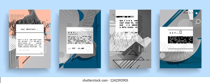 Covers templates set with graphic geometric elements. Applicable for brochures, posters, covers and banners. Vector illustrations. Abstract shapes