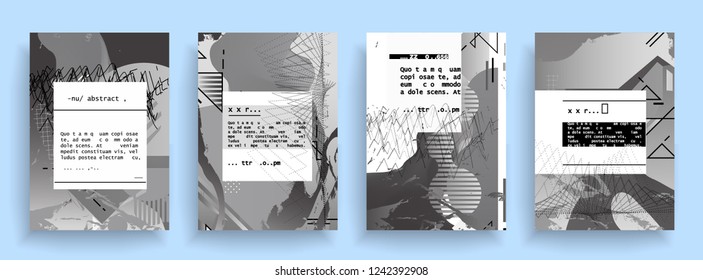 Covers templates set with graphic geometric elements. Applicable for brochures, posters, covers and banners. Vector illustrations. Abstract shapes