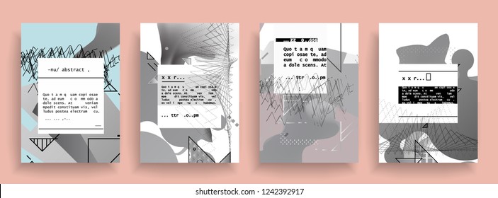 Covers templates set with graphic geometric elements. Applicable for brochures, posters, covers and banners. Vector illustrations. Abstract shapes