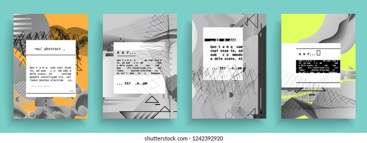 Covers templates set with graphic geometric elements. Applicable for brochures, posters, covers and banners. Vector illustrations. Abstract shapes