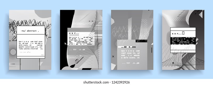 Covers templates set with graphic geometric elements. Applicable for brochures, posters, covers and banners. Vector illustrations. Abstract shapes