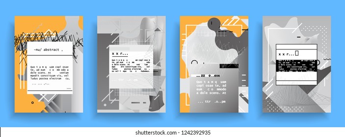 Covers templates set with graphic geometric elements. Applicable for brochures, posters, covers and banners. Vector illustrations. Abstract shapes
