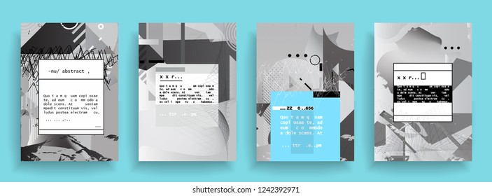 Covers templates set with graphic geometric elements. Applicable for brochures, posters, covers and banners. Vector illustrations. Abstract shapes