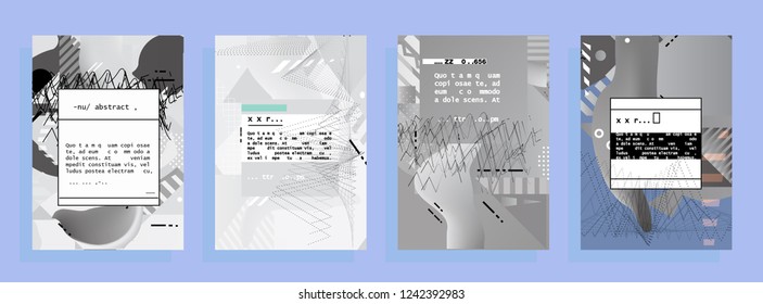 Covers templates set with graphic geometric elements. Applicable for brochures, posters, covers and banners. Vector illustrations. Abstract shapes