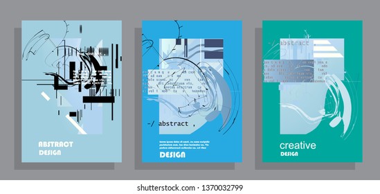 Covers templates set with graphic geometric elements. Applicable for brochures, posters, covers and banners. Vector illustrations.