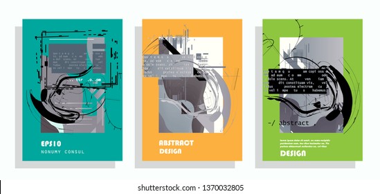Covers templates set with graphic geometric elements. Applicable for brochures, posters, covers and banners. Vector illustrations.