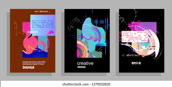 Covers templates set with graphic geometric elements. Applicable for brochures, posters, covers and banners. Vector illustrations.