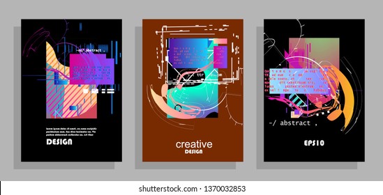 Covers templates set with graphic geometric elements. Applicable for brochures, posters, covers and banners. Vector illustrations.