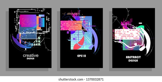 Covers templates set with graphic geometric elements. Applicable for brochures, posters, covers and banners. Vector illustrations.
