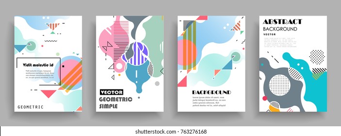 Cubre las plantillas establecidas con elementos geométricos gráficos. Aplicable a folletos, carteles, portadas y banners. Ilustraciones vectoriales.