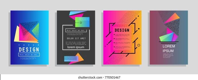 Covers templates set with graphic geometric elements. Applicable for brochures, posters, covers and banners. Vector illustrations. Covers templates set with graphic geometric elements. Applicable for brochures, posters, covers and banners. Vector illustrations.