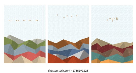 Cubre plantillas establecidas con patrones de ondas japonesas y formas geométricas de estilo oriental de origami. Diseño de vectores para folletos, carteles, carteles, cubiertas y banners