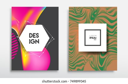 Covers templates set with liquid color, arrangement of abstract lines and style graphic geometric elements. Applicable for placards, brochures, posters, covers and banners. Vector illustrations.