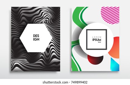 Covers templates set with liquid color, arrangement of abstract lines and style graphic geometric elements. Applicable for placards, brochures, posters, covers and banners. Vector illustrations.