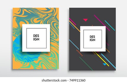 Covers templates set with liquid color, arrangement of abstract lines and style graphic geometric elements. Applicable for placards, brochures, posters, covers and banners. Vector illustrations.