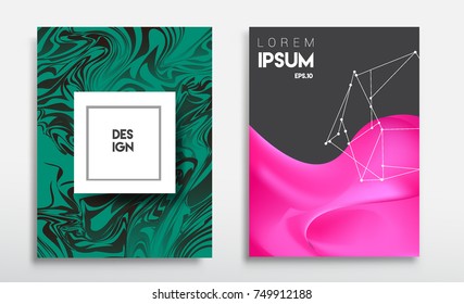 Covers templates set with liquid color, arrangement of abstract lines and style graphic geometric elements. Applicable for placards, brochures, posters, covers and banners. Vector illustrations.