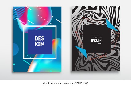 Covers templates set with liquid color, arrangement of abstract lines and style graphic geometric elements. Applicable for placards, brochures, posters, covers and banners. Vector illustrations.