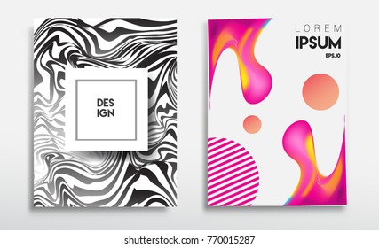 Covers templates set with liquid color, arrangement of abstract lines and style graphic geometric elements. Applicable for placards, brochures, posters, covers and banners. Vector illustrations.