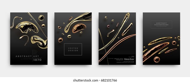 Covers templates set with liquid golden shapes. Flowing bronze bubbles for posters, placards, presentations, banners and flyers. Vector illustrations.
