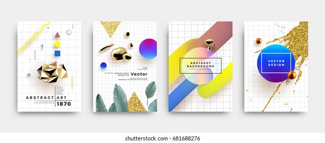 Covers templates set with memphis, bauhaus and contemporary art elements with geometric and liquid shapes. Modern design for placards, posters, certificates, banners and flyers. Vector illustrations.