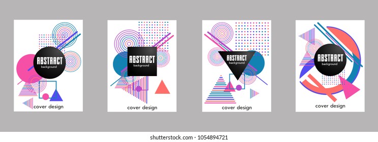 Covers templates set with memphis style graphic geometric elements. Applicable for placards, brochures, posters, covers and banners.