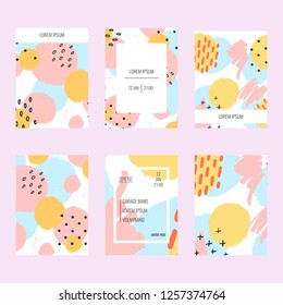 Covers templates set in pastel colors. Memphis and hipster style elements. Layout for flyer, party poster or brochure with color vibration waves.