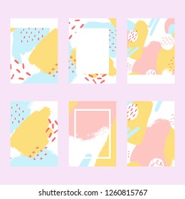 Covers templates set in pastel colors. Memphis and hipster style elements. Applicable for placards, brochures, posters, covers and banners. Vector illustrations.