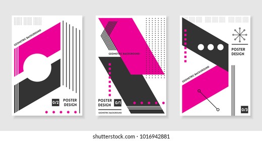 Covers templates set with trendy geometric patterns, yellow,black,white colors and memphis elements. Modern design for placards, posters, presentations and banners.