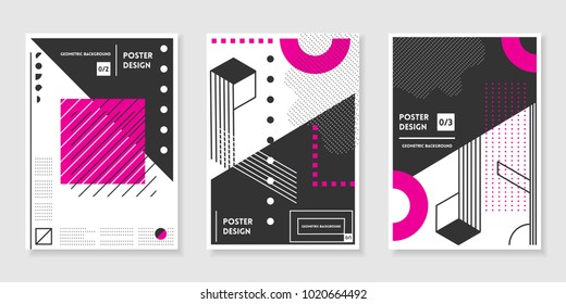 Covers templates set with trendy geometric patterns, magenta,black,white colors and memphis elements. Modern design for placards, posters, presentations and banners.