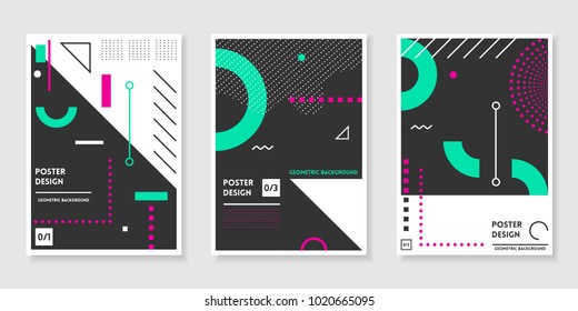 Covers templates set with trendy geometric patterns, colors and memphis elements. Modern design for placards, posters, presentations and banners.