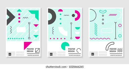 Umfasst Vorlagen, die mit trendigen geometrischen Mustern, Farben und Memphis-Elementen eingestellt sind. Modernes Design für Plakate, Plakate, Präsentationen und Banner.