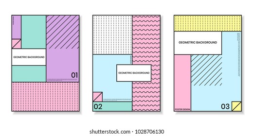 Covers templates set with trendy geometric patterns with memphis elements. Modern design for placards, posters, presentations and banners.