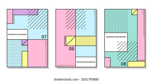 Covers templates set with trendy geometric patterns with memphis elements. Modern design for placards, posters, presentations and banners.